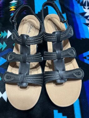 Clark’s  LaurieAnn Ivy SZ 11W Black Sandals Leather Shoes Women’s Adjustable NEW